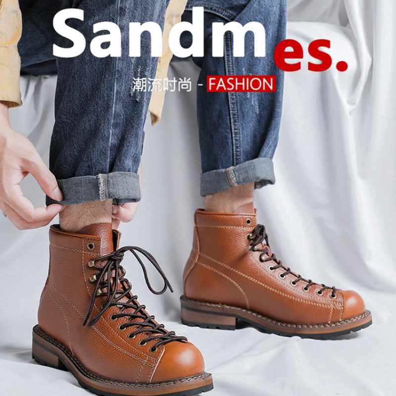 Botas de cuero genuino para hombre, zapatos de trabajo Vintage de alta calidad, estilo británico, zapatos de plataforma de primavera