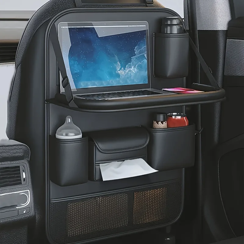 Premium PU Leather Car Seat Back Organizer with Foldable Dining Table, Built-In Storage Rack, and Multiple Compartments
