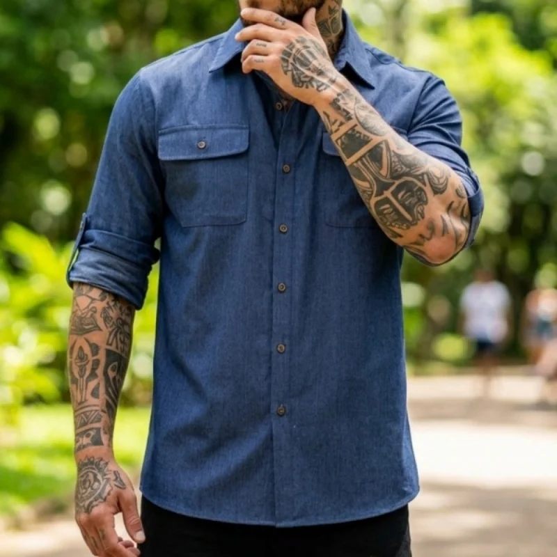 New Men's Plus Size Denim Shirt (S-3XL) | Vintage Retro Style | Solid Color Casual Top | Premium Quality Smart Shirts for Man