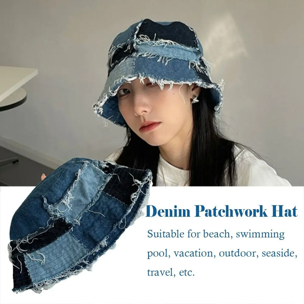 Fashion Wide Brim Denim Patchwork Hat Sunshade Denim Fisherman Cap Foldable Ins Style Bucket Hat Unisex