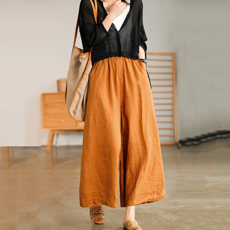 Summer New Women's Casual Straight Wide Leg Pants Solid Color Elastic Wais With Pockets Loose Breathable Slim Thin Trousers