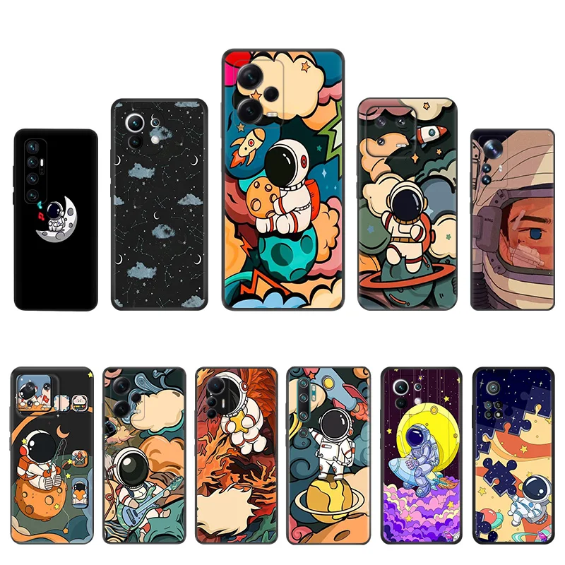 Matte Phone Case for Redmi Note13 Pro 5G Note 12 12c 13c Xiaomi 12X 12T 13 Lite Astronaut Moon Universe Rocket Black Soft Cover