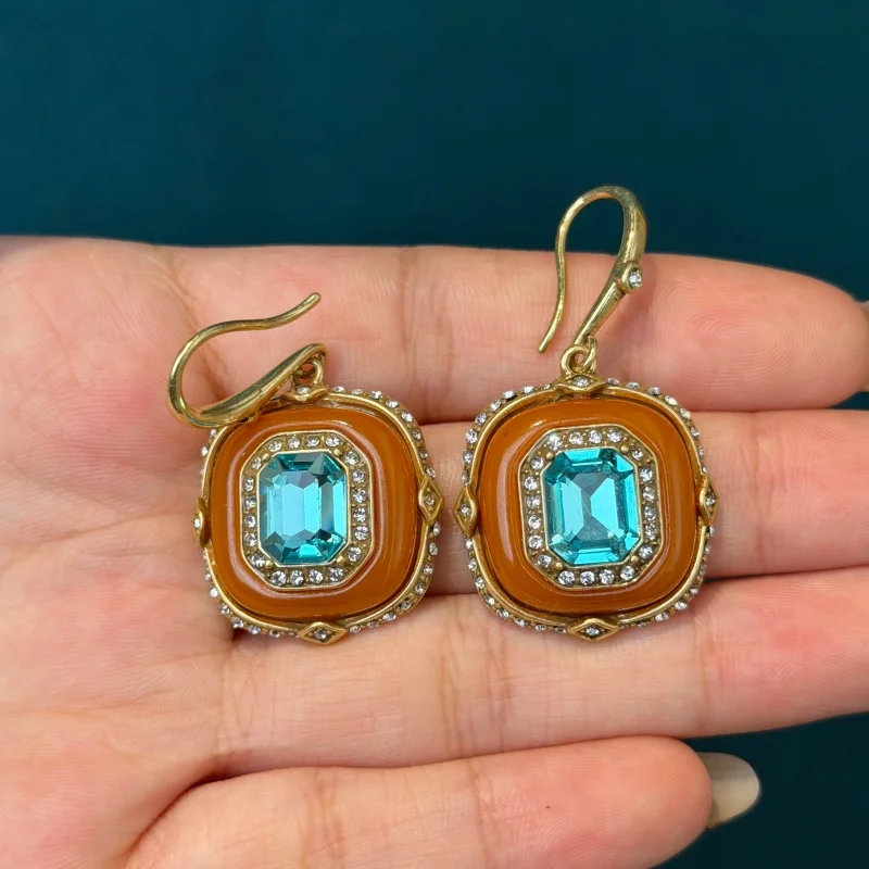 Vintage Blue Crystal Orange Glass Square Drop Earrings Luxury Antique Art Deco Gold Color Jewelry For Women Brand Quality Gift