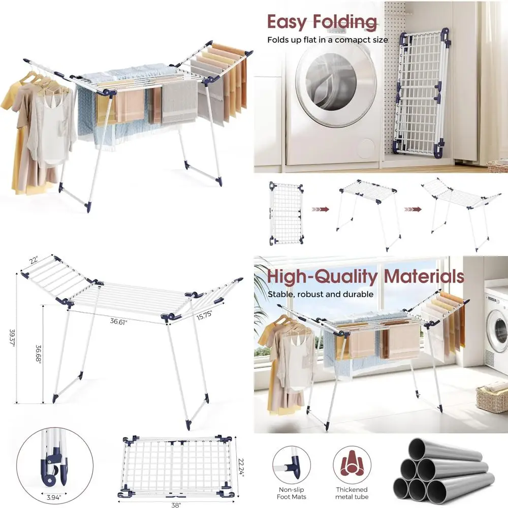 رف غسيل معدني قابل للطي للاستخدام الداخلي والخارجي، سعة كبيرة، تصميم مجنح، مثالي لتجفيف الملابس
