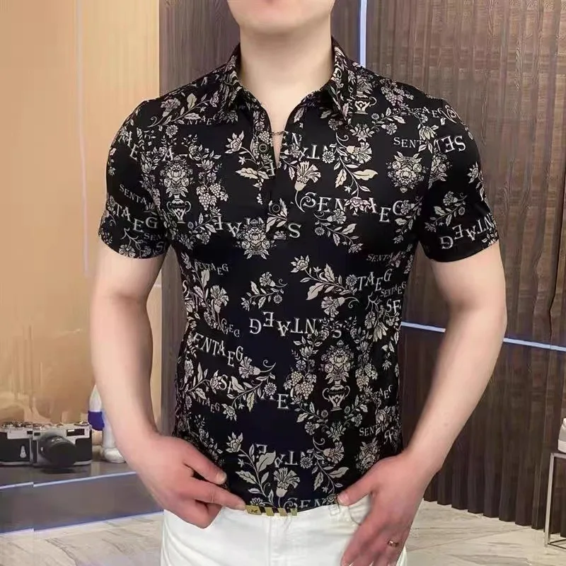 Luxury Letter Floral Polo Shirt for Men Summer Short Sleeved Lapel Casual T-shirt Fashion Social Business Streetwear Polo Shirts