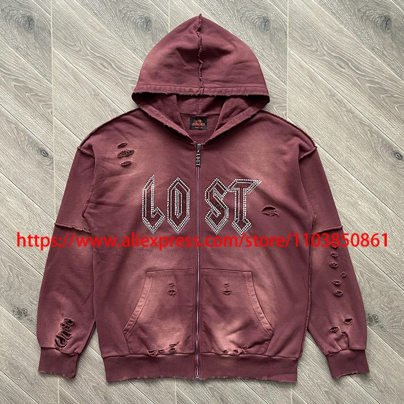 

25SS Vintage Washed Lost Intricacy Hoodie High Quality Casual Ripped Hole Hot Diamond Zipper Lost Intricacy Hoody Sweatshirts