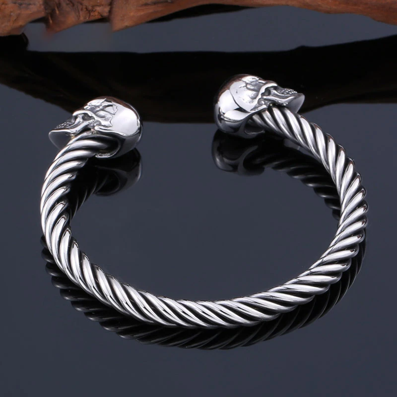 High Quality Stainless Steel Double Skull Bracelet Vintage Men Accessories Skeleton Bangle Fashion Charm Biker Jewelry Wholesale