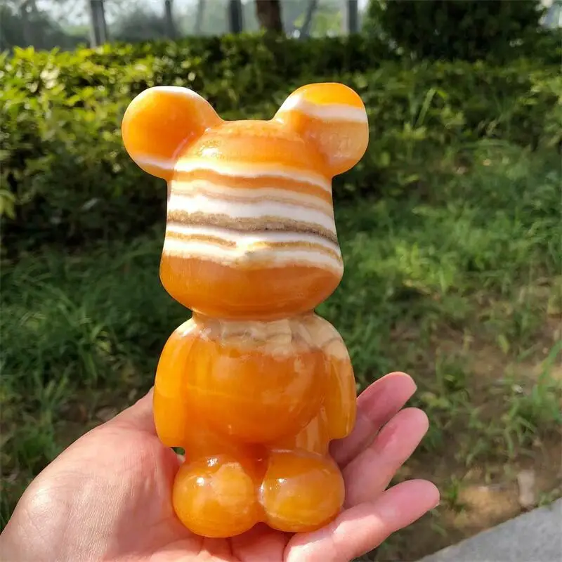 14.5CM Natural Orange Calcite Cartoon Bear Carving Polished Animal Powerful Statue For Home Decoration Holiday Gift 1pcs