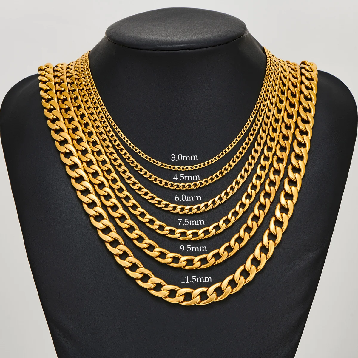 3mm/4.5mm/6mm/7.5mm/9.5mm/11.5mm Stainless Steel Cuban Link Classic Necklace Chain Gold Color for Men Women Jewelry