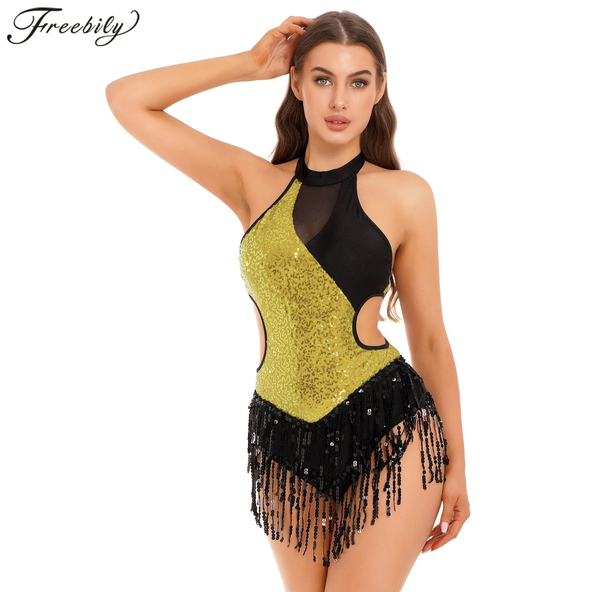 Womens paillettes nappe Jazz Costume da ballo latino tuta pattinaggio artistico body per Femme adulti ginnastica body Dancewear