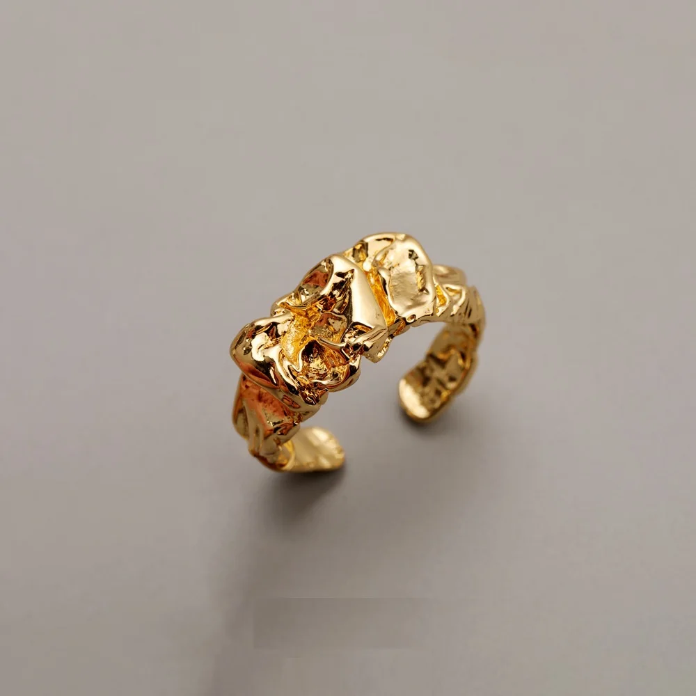 

Lava Flow Textured Adjustable Ring,18K Gold Plated Volcanic Crinkle Design,Bold Irregular Stacking Statement Ring for Women