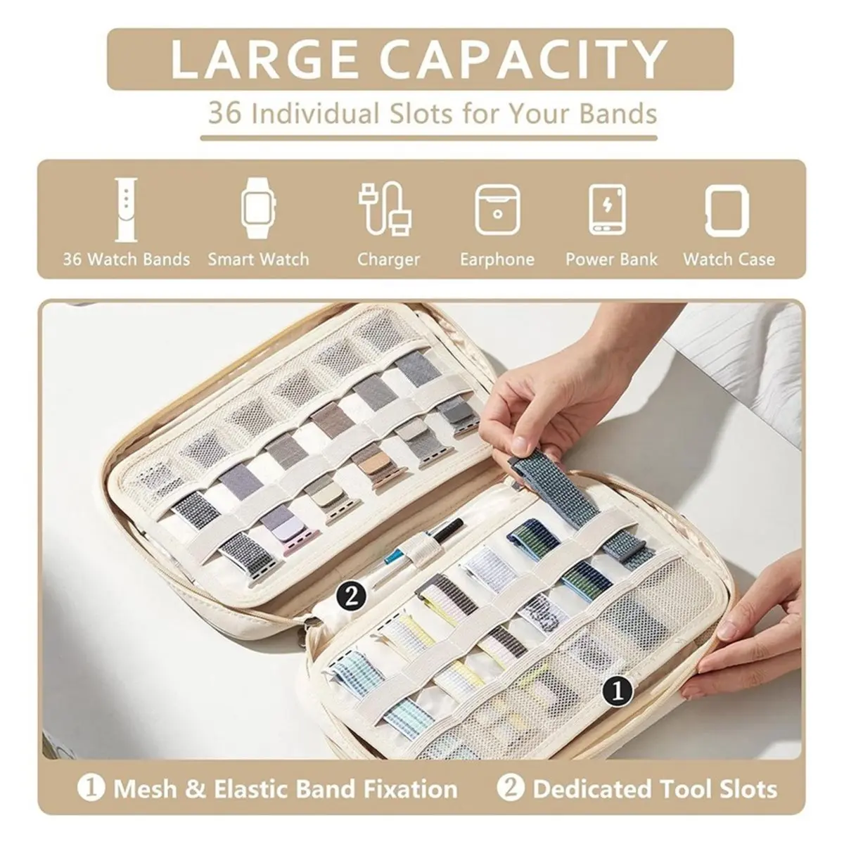 giftnew 36 Slot Watch Band Organizer Bag, Watch Band Holder for Women and Men, Carrying Case for Straps