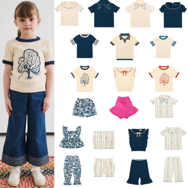 

Children's Clothing Set 2025 New Summer Girl Vertical Floral Lace Short Sleeved Shorts Set Kids Solid Color Bow Top Casual Wear