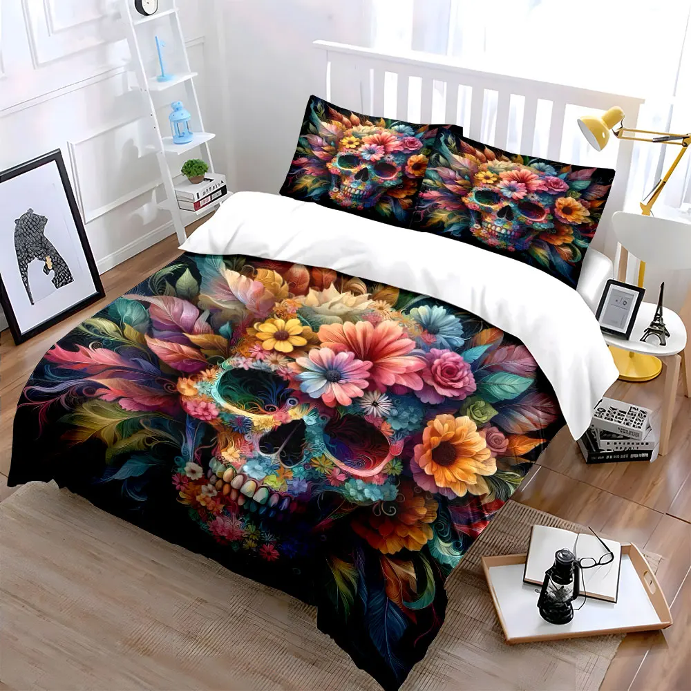 Vibrant Floral Skull Art Bedding Set for Kids Luxury Gift 3pcs Digital Print Comforter Set Soft Comfortable Breathable