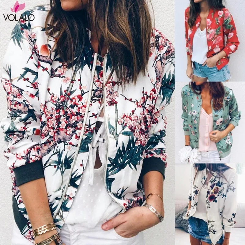 

Floral Print Zipper Casual Jacket Women 2024 Spring Summer Long Sleeve Loose Bomber Jacket Coat O Neck Fashion Tops Outerwear