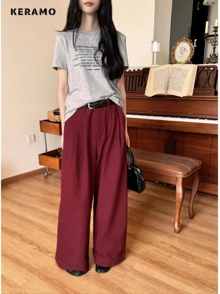 2024 Autumn Winter Vintage Casual Style Solid High Waist Suit Pants Women Fashion Red Loose Wide Leg Retro Full Length Trousers