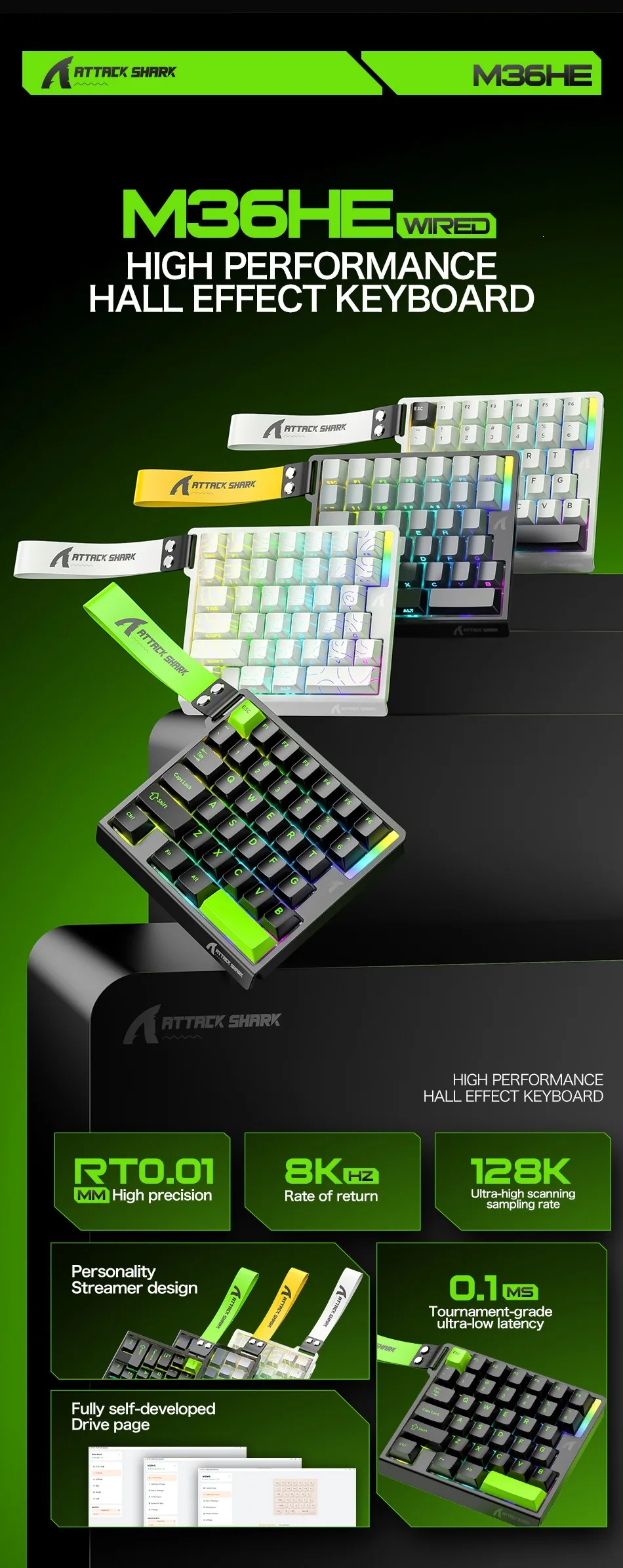 ATTACKSHARK M36HE Single-Handed Magnetic Switch Mechanical Gaming Keyboard with Wired RGB Adjustable Key Travel for Esports