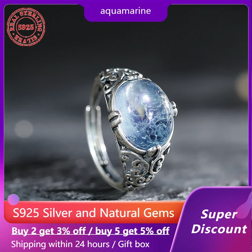 

Vintage S925 Silver Men's Ring Natural Ore Pigeon Egg Aquamarine For Women Exquisite crystal Jewelry