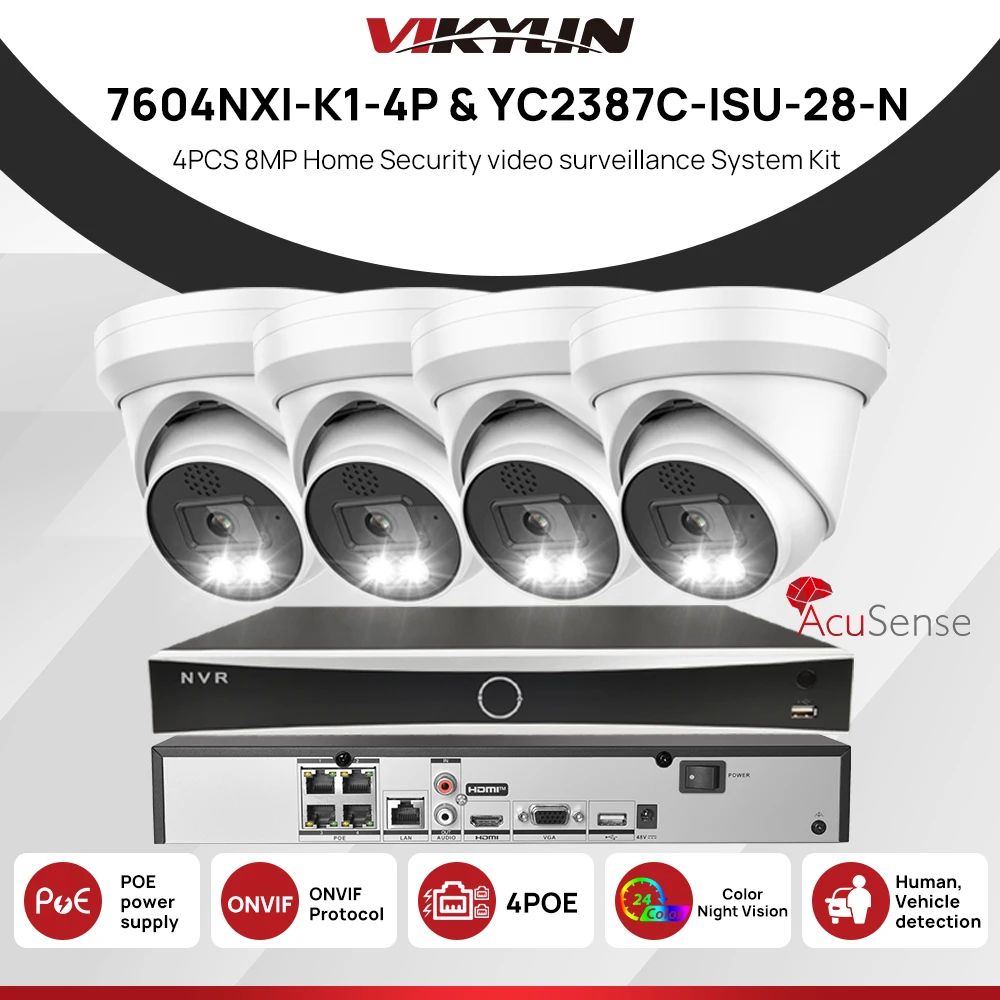 

Vikylin Hikvision NVR DS-7604NXI-K1/4P OEM 4PCS Color Night Vision IP Camera Outdoor Video Surveillance Acusense security system