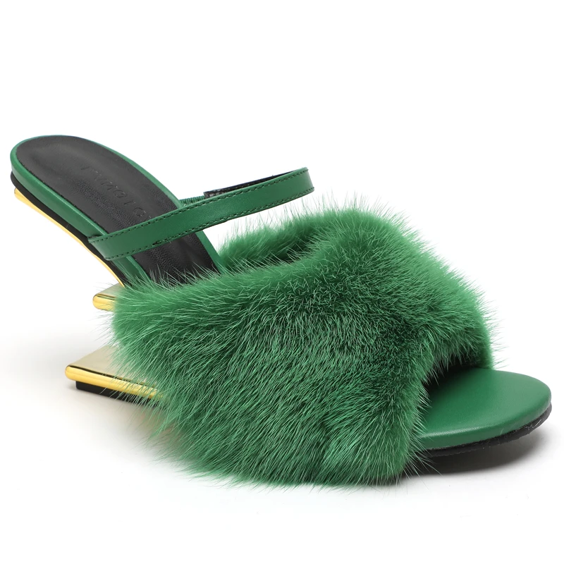 European and American style mink fur leather high heels, women\'s slim heels, summer new fish mouth sandals, women\'s fur slippers