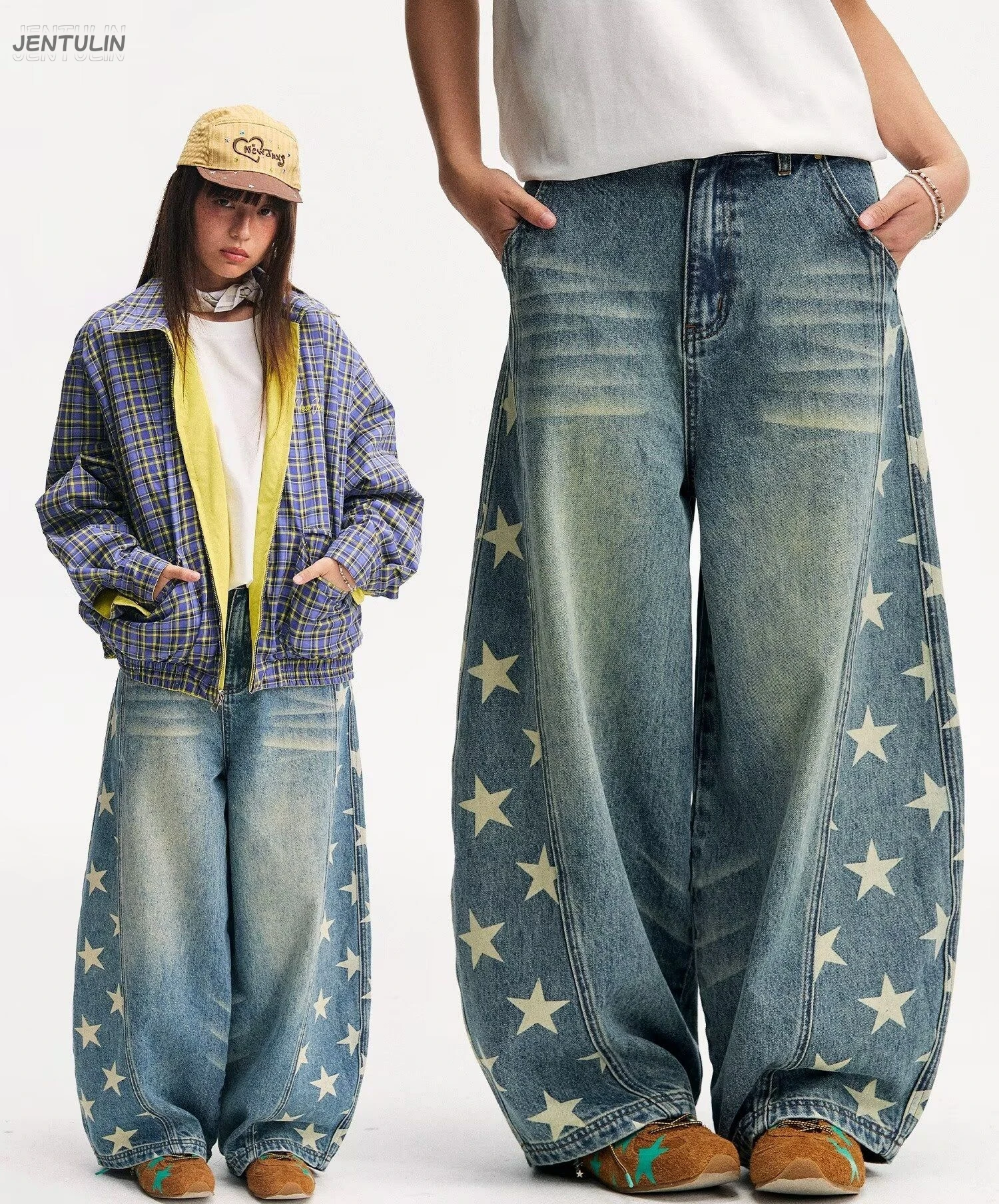 Women Vintage Washed Barrel Baggy Jeans Y2K Star Graphic Print Curved Wide Leg Baggy Denim Pants Streetwear Loose Trousers