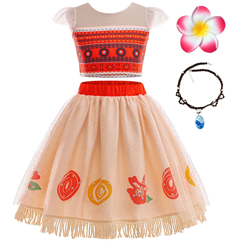 

4pcs Sets Moana Cosplay Costume For Baby Girls Party Princess Dress with Necklace Hairpin Children's Disguise Ball Gown Carnival