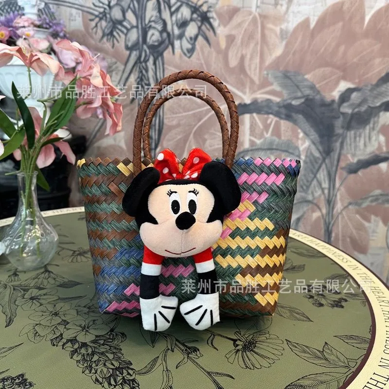 Hand-woven basket Mickey Minnie cartoon Kawai Tot new large capacity one-shoulder fashion vegetable basket bag handbag wholesale
