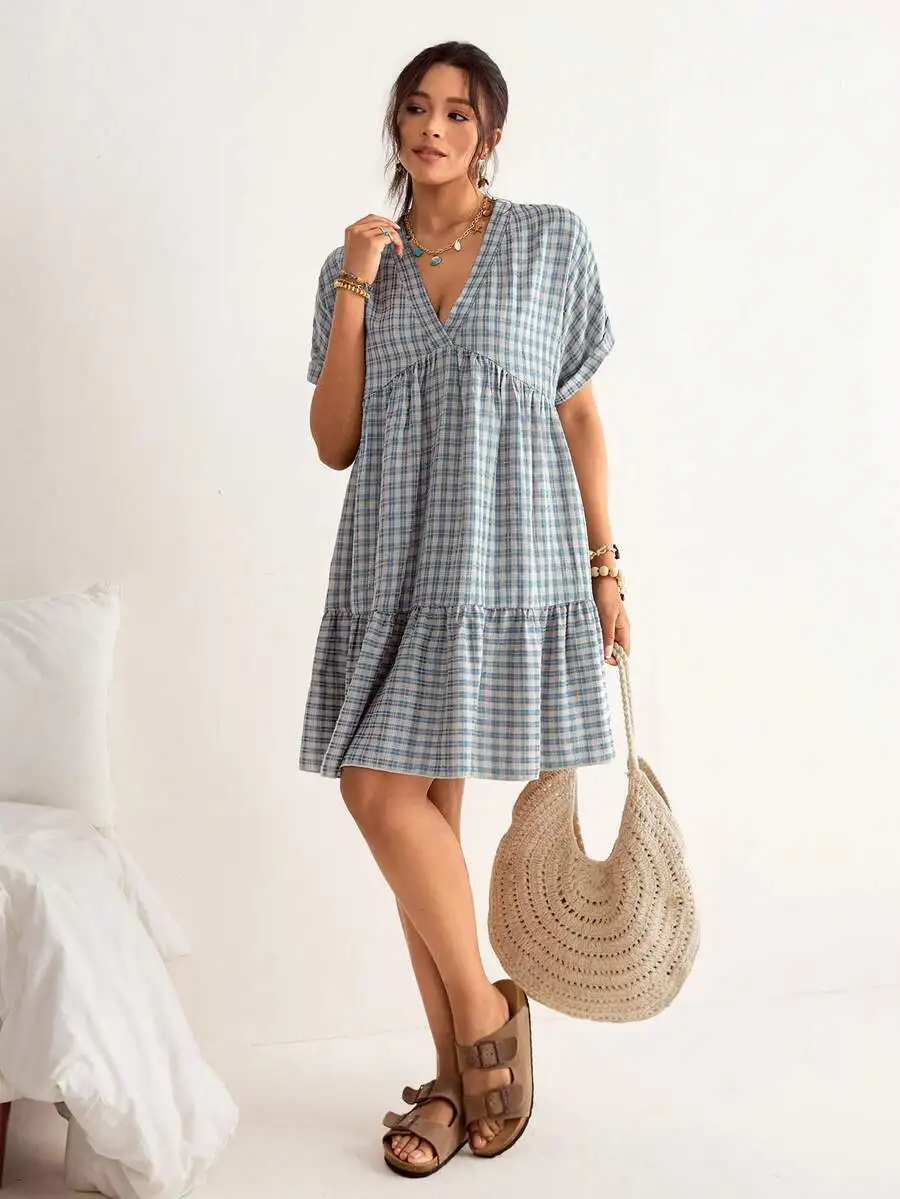 Vestido holgado de verano con mangas de murciélago a cuadros y dobladillo con volantes, estilo bohemio para vacaciones en la playa