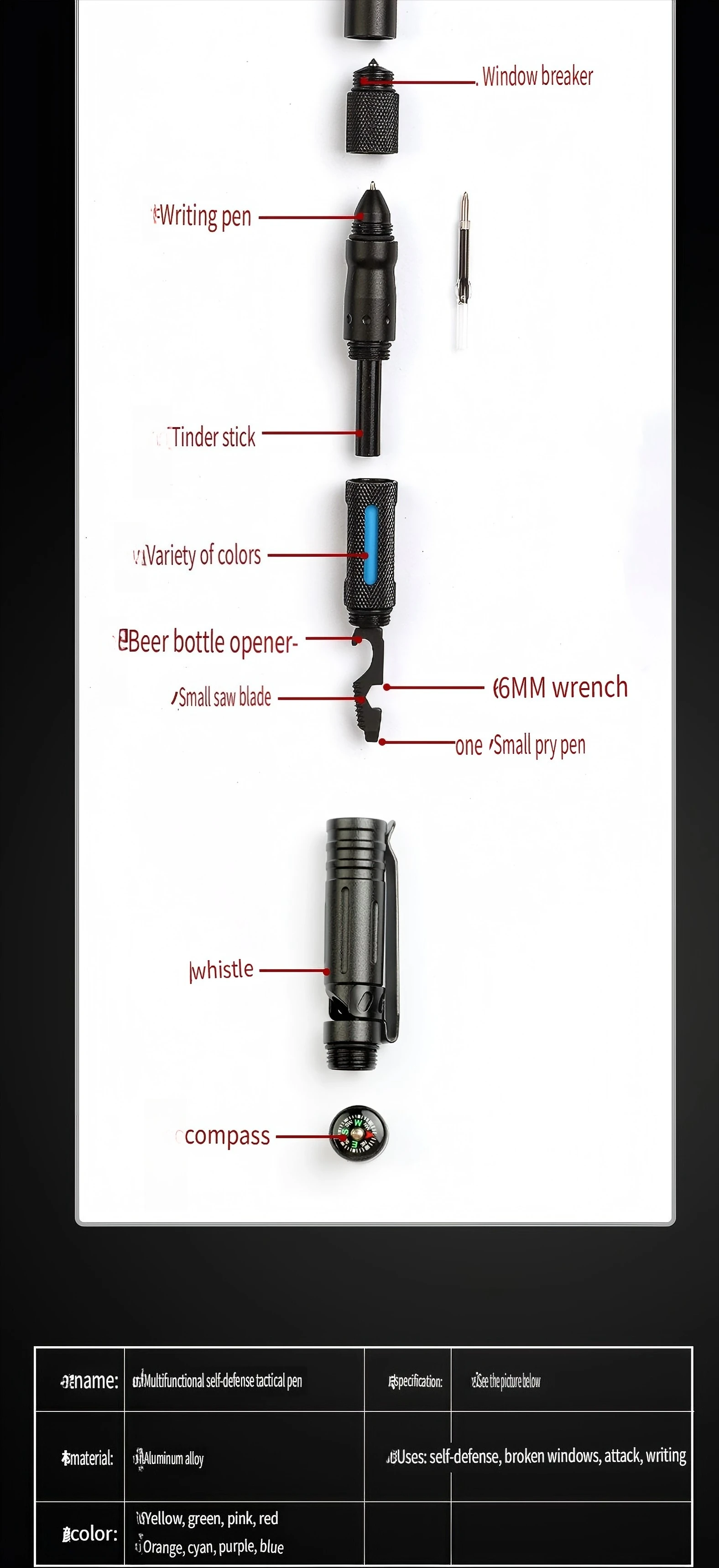 Outdoor self-defense multi-function pen compass defense attack escape tactical pen