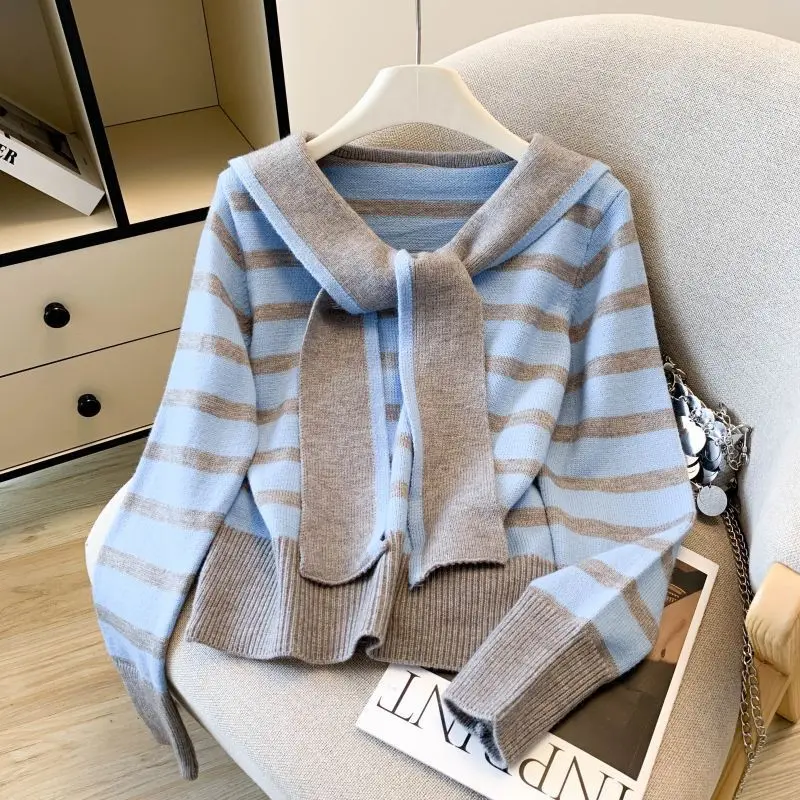 

Blouse Jacket Jumper Women's Autumn Gentle Sweet Retro Navy Collar Stripes Knitwear Long Sleeves New Comfortable Casual Niche