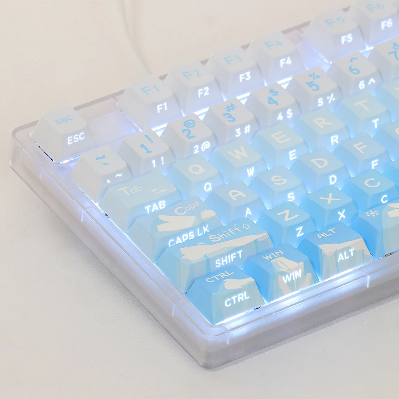 

Side engraved transparent keycap OEM height PBT material glacier theme hot sublimation 134 keys full set of gradual change color