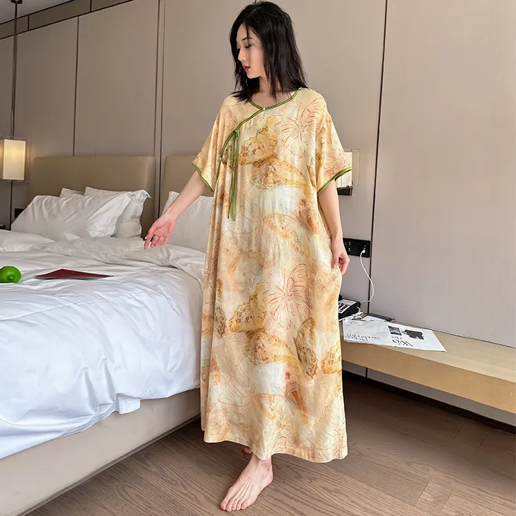 Retro Print Silk Sleepwear Loose plus Size Home Clothes for Women Elegant Ladies' Nightgown Comfortable Long Dress Nightgown