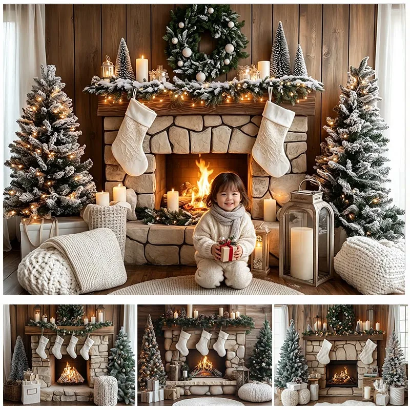 LS Christmas Backdrop Fireplace Stocking Candy Xmas Tree Snow Window Winter Portrait Holiday Party Photography Backgrounds