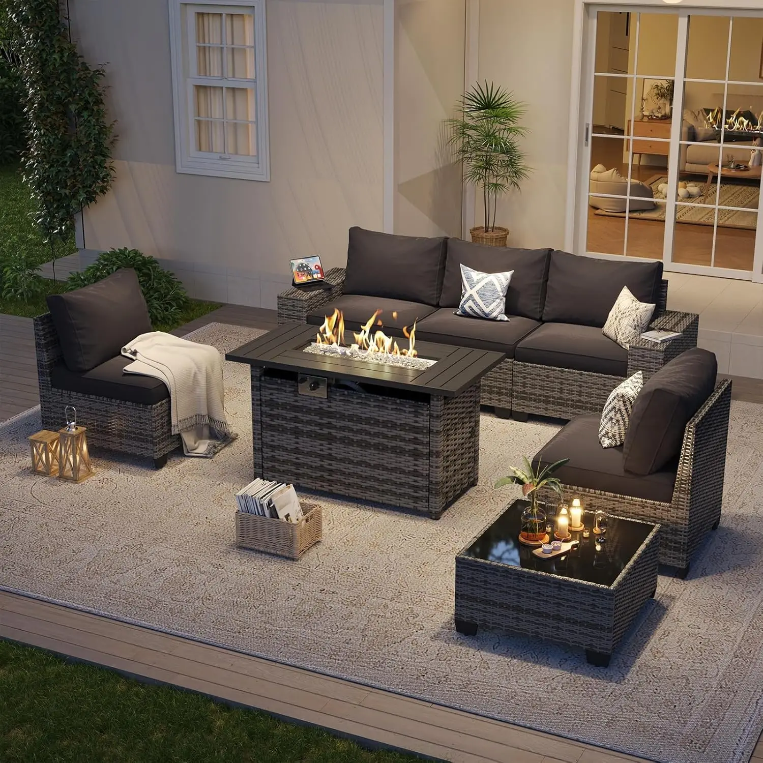 

44'' Fire Pit Patio Set 7pc Rattan Sectional 4'' Cushion Backyard Gas Converter Customized