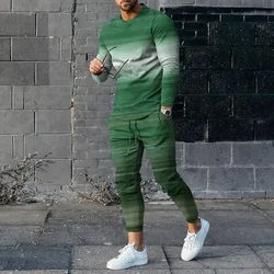 Geometria verde masculina 3D impresso em duas peças, terno casual de lã, camiseta e calça de manga comprida, nike Tech