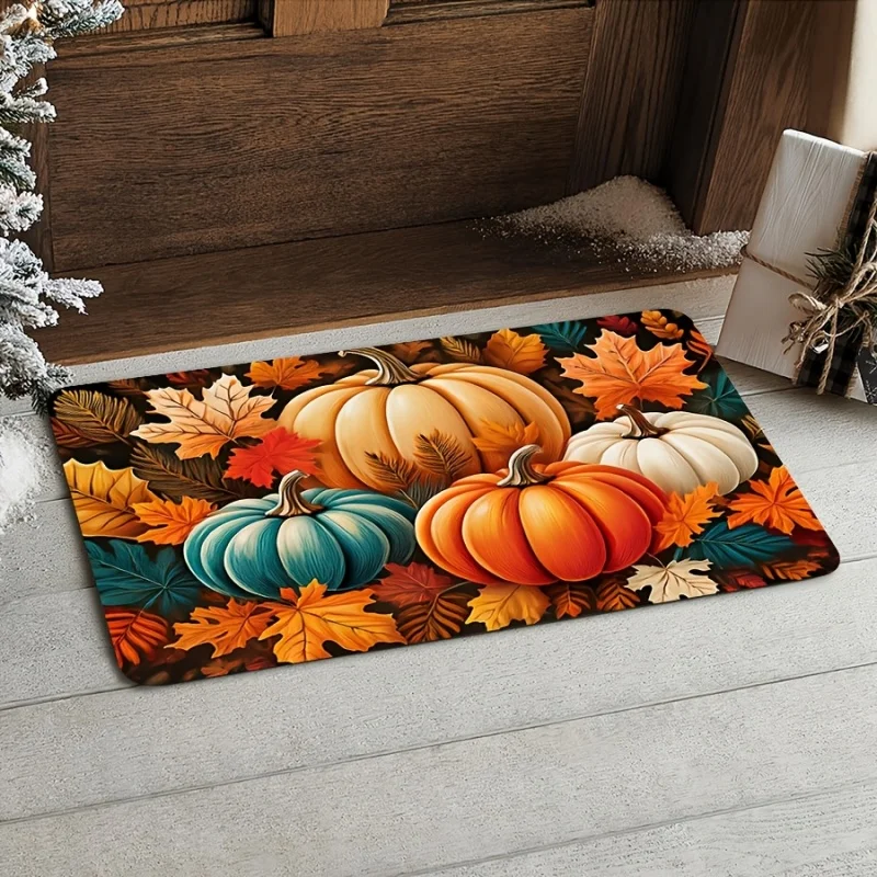 Fall Harvest Pumpkin Maple Leaf Doormat, Multi-color Pumpkin Print Entry Mat, Autumn Season Front Door Decor