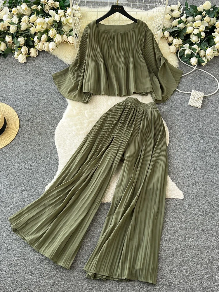 New Women Causal Chiffon Two Piece Set Spring Summer Loose Oversized Shirt Top High Waist Straight Leg Pants Pleated Suits