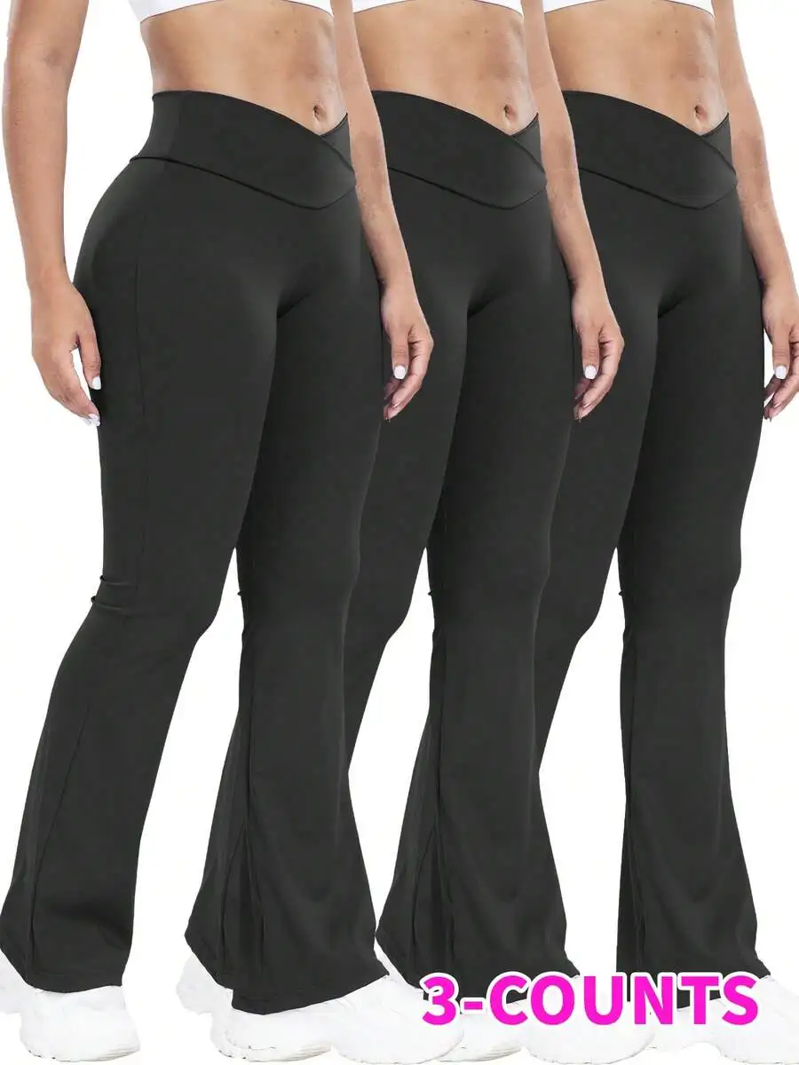 

3 Pack Women High Waist Flare Yoga Pants Crossed Waistband Tummy Control Stretchy Leggings