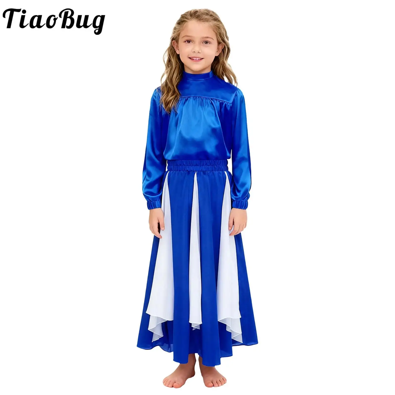 

Kids Girls Praise Liturgical Dance Costume Outfit Ballroom Dance Dresses Long Sleeve Zipper Top with Chiffon Panel Satin Skirt