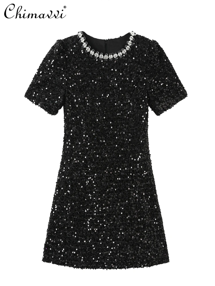 

French Elegant Socialite Beaded Rhinestone Sequins Round Neck Short Sleeve High Waist Slim Fit A-Line Birthday Party Dress Women