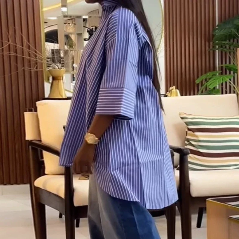 Eleganckie koszule damskie w paski zapinane na guziki, luźne bluzki damskie do biura, modne, uniwersalne topy na lato.