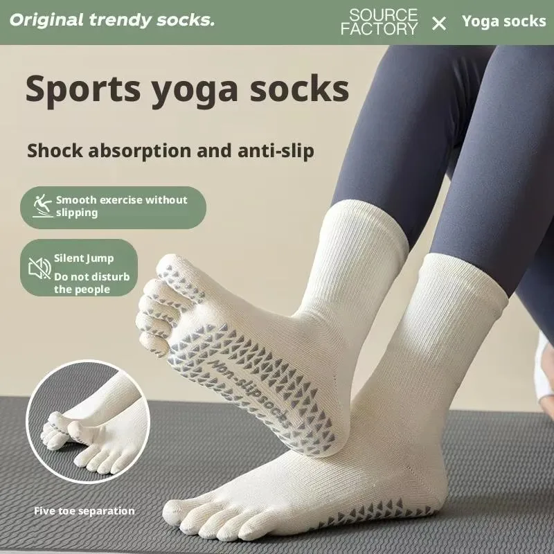 Mid-tube Women Yoga Socks Cotton Five Toe Non-slip Silicone Indoor Fitness Socks Floor Socks Dance Pilates Sports Socks