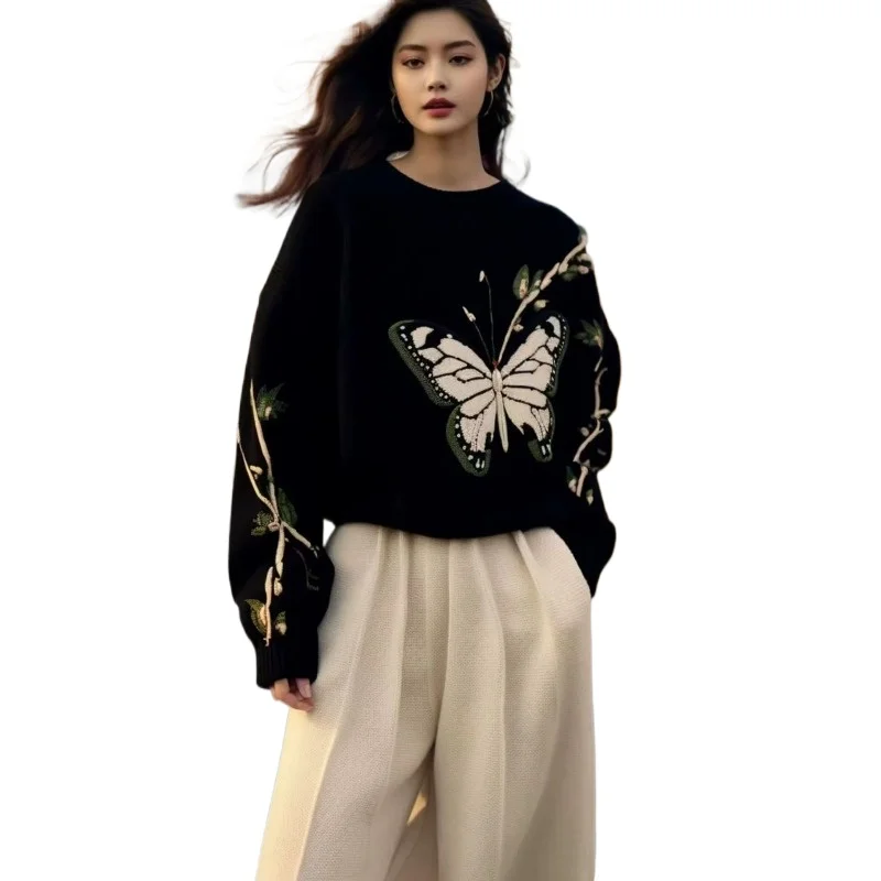 

Black butterfly print sweater loose 2026 autumn and winter new knitted sweater cold department unique chic top fashion Pullovers