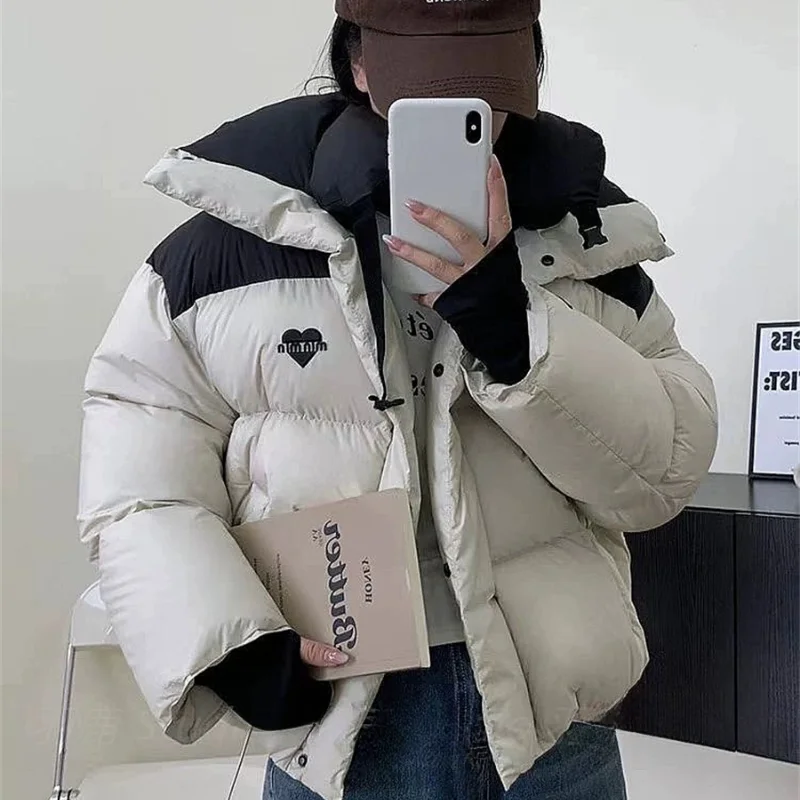 Short Women Jacket Korean Coats Down Stand-up Collar Color Collision Down Jacket Love Pattern Outerwear Thick Winter Coat Female