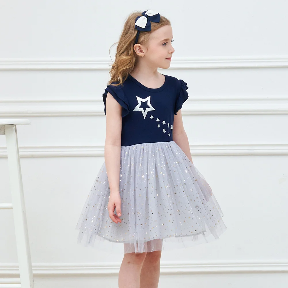 VIKITA Kids Mesh Tulle Tutu Princess Dress Girls Silver Star Print Flare Sleeve Glittery Starry Sparkling Party Frocks 7 Yrs