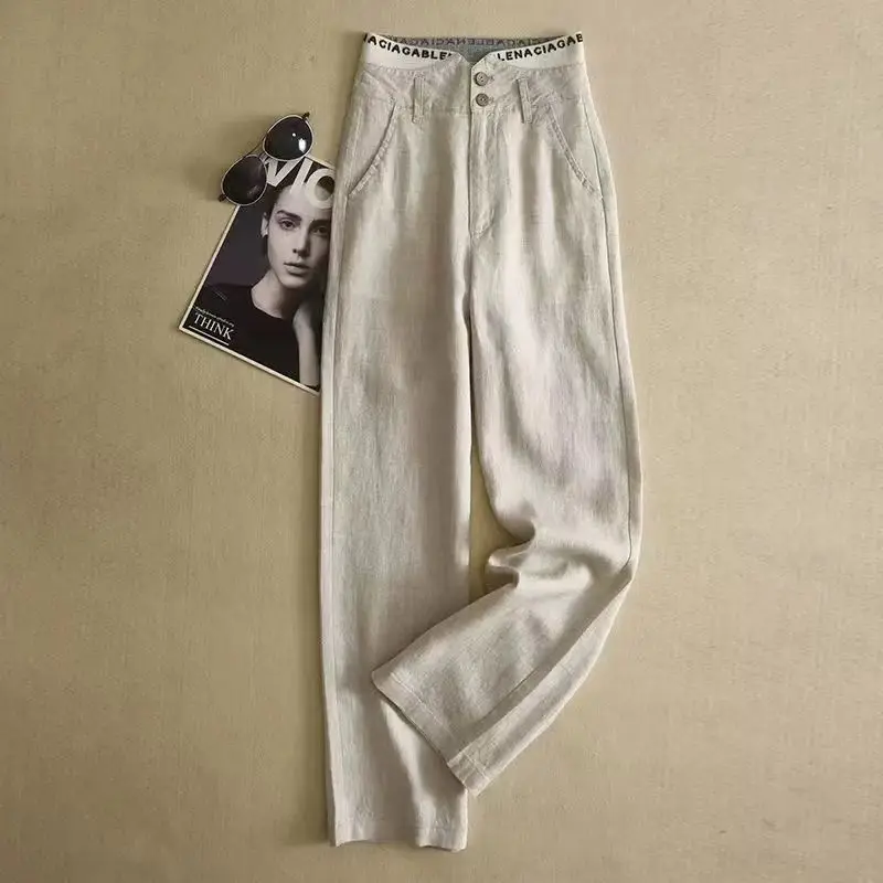 New Summer Ice Feel Cotton and Hemp Wide Leg Women Thin High Waist Loose Fit Splicing Threaded Letter Straight Leg PantsXQ142