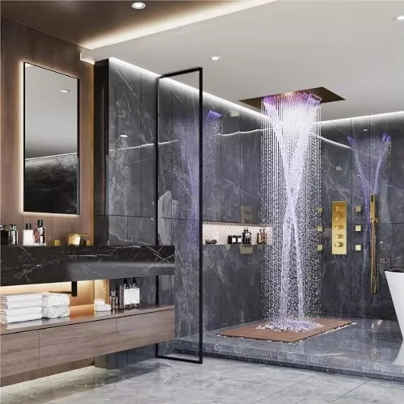 Gold Brushed Rain Shower Faucet Set 64-Color LED Music Thermostatic Waterfall 6 Spray Jets Ceiling