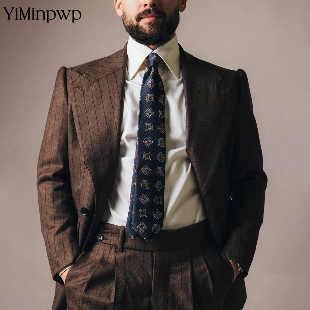 

Vintage Men's Suit 2Pcs Set Office Peak Lapel Pinstripe Office Professional Attire Bespoke Wedding Groom Sets Jacket+Pants