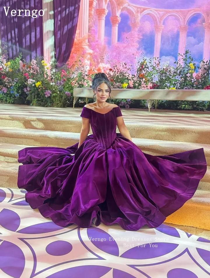 Verngo Purple Velvet Evening Dress Off The Shoulder A Line Maxi Formal Occasion Dress Elegant Saudi Arabia Prom Gowns Customized