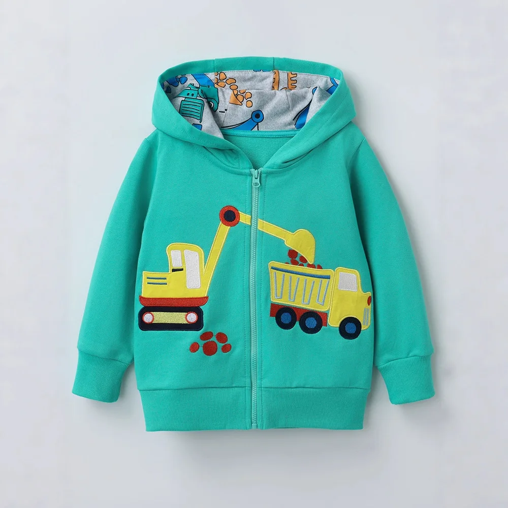 Baby Boys Fashion Cartoon Excavator Embroidered Long Sleeve Hooded Zipper Hoodies Coat Children's Spring Autumn Casual Jacket